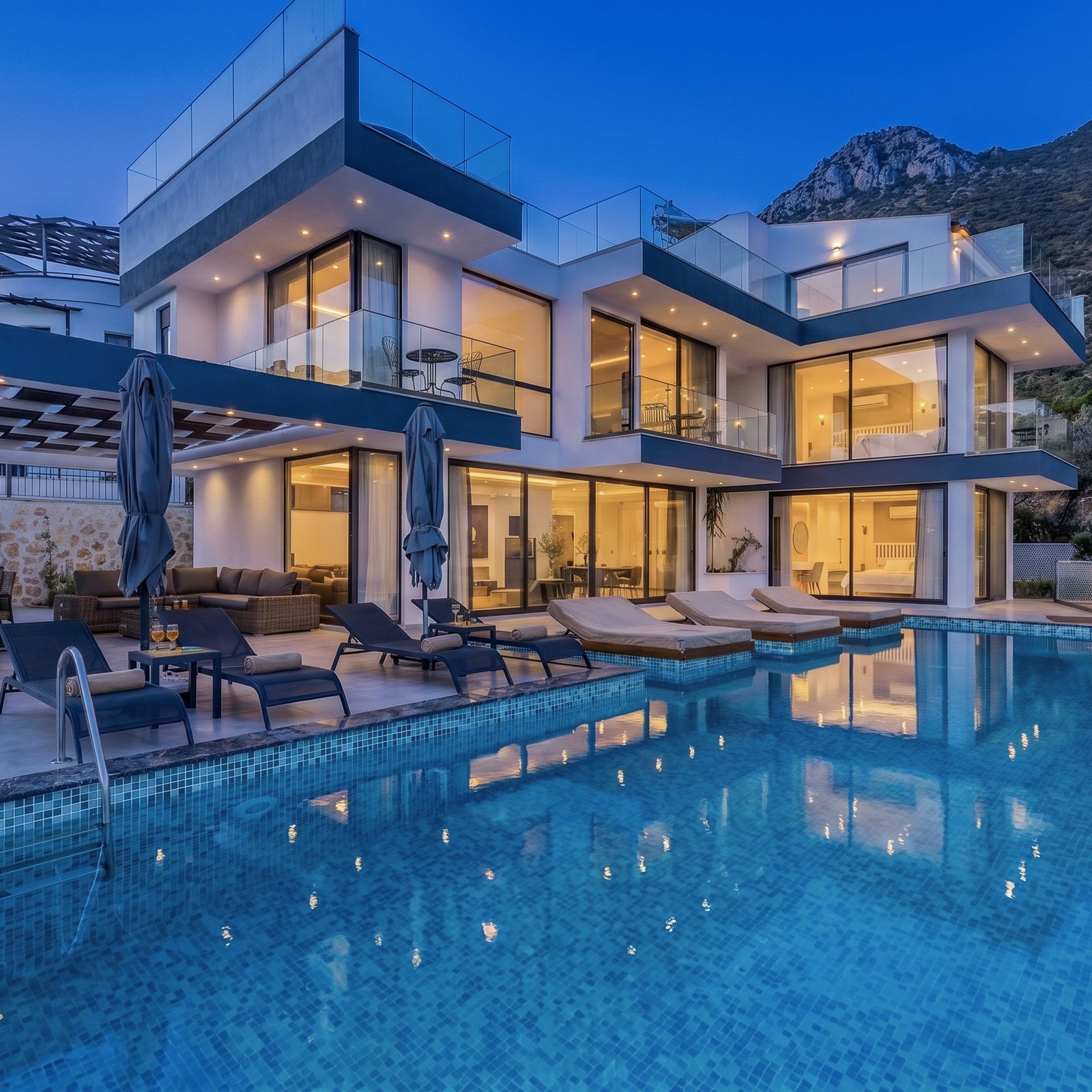 Same exterior after Blue Hour Glow preset — deep blue sky and warm window glow