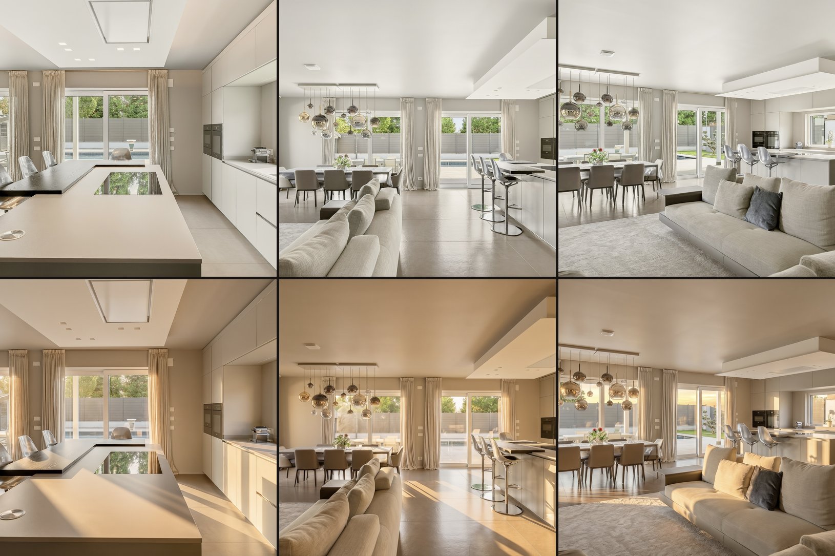 Consistency Engine demo: top row shows three rooms of the same property in flat midday light, bottom row shows the same three rooms unified into a coherent warm cozy mood with one checkbox
