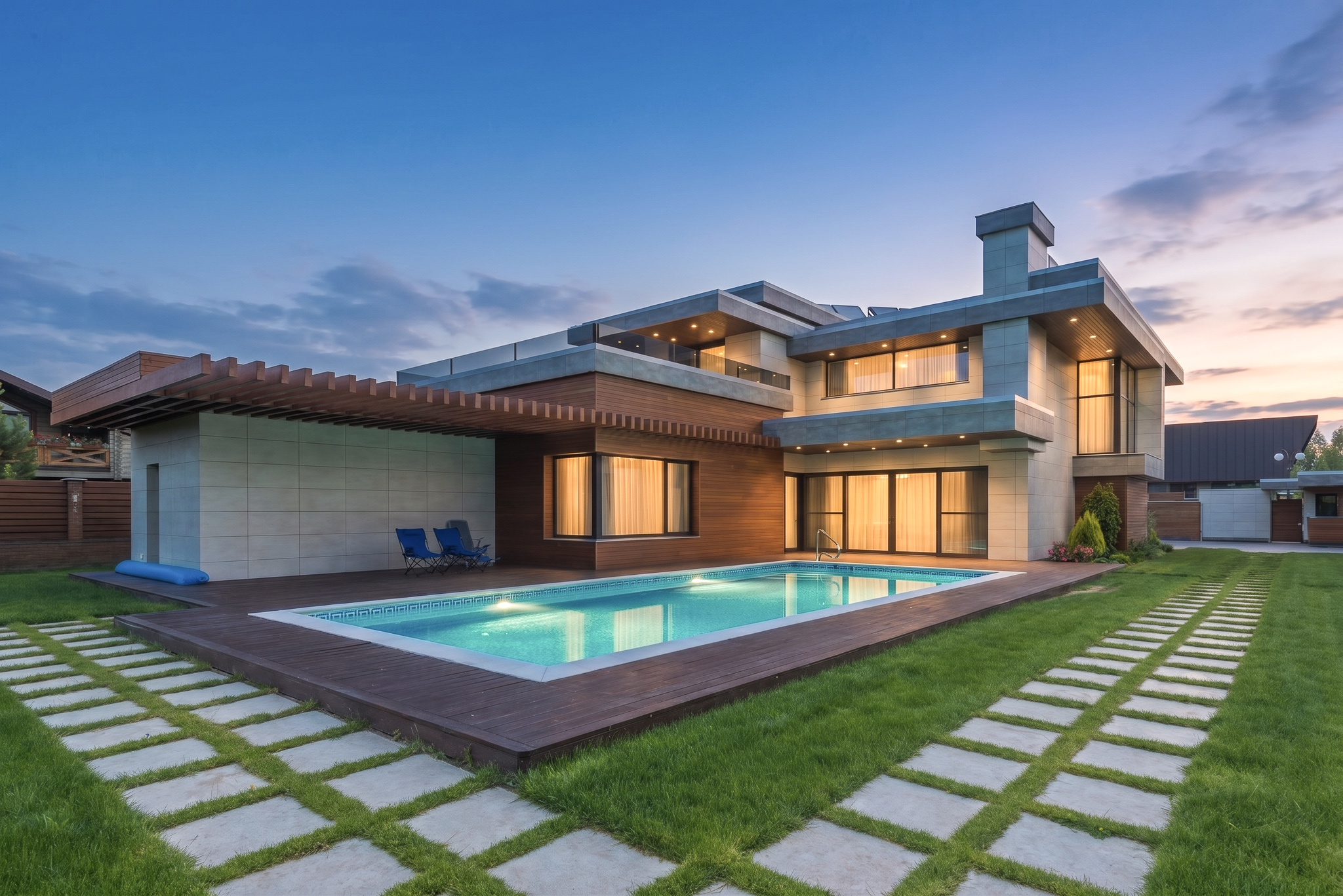 Exterior after Cinematic Twilight Pool with Curtains preset