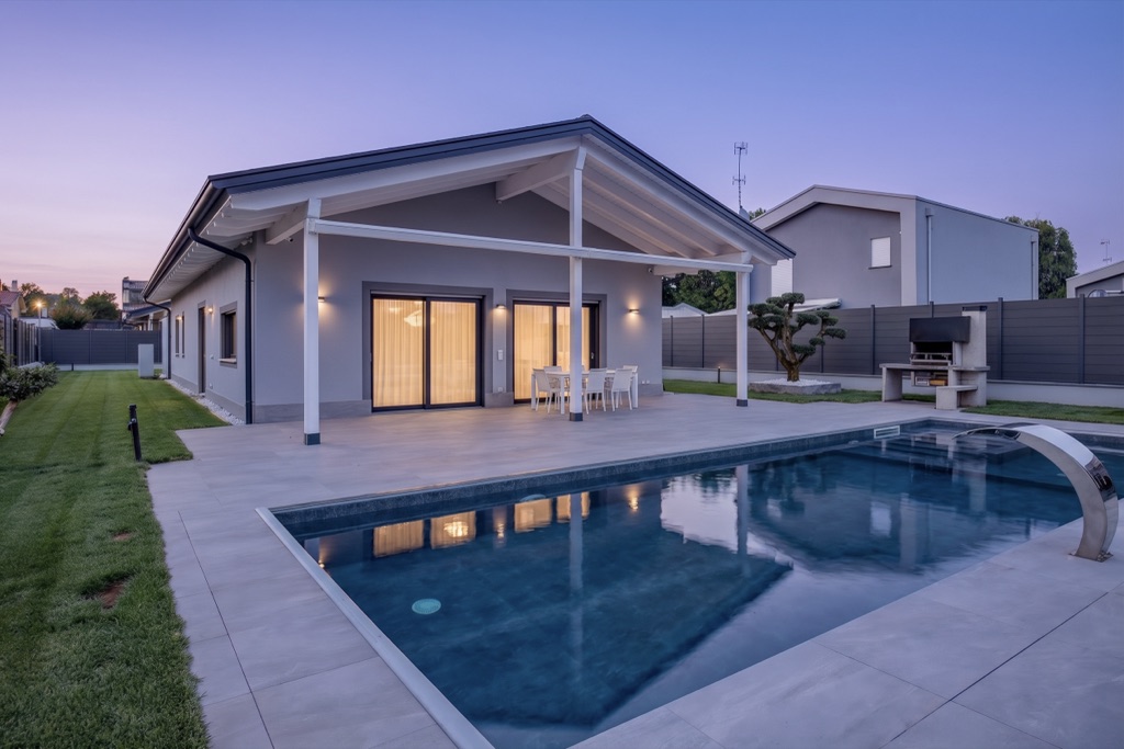 Exterior — lavender blue hour
