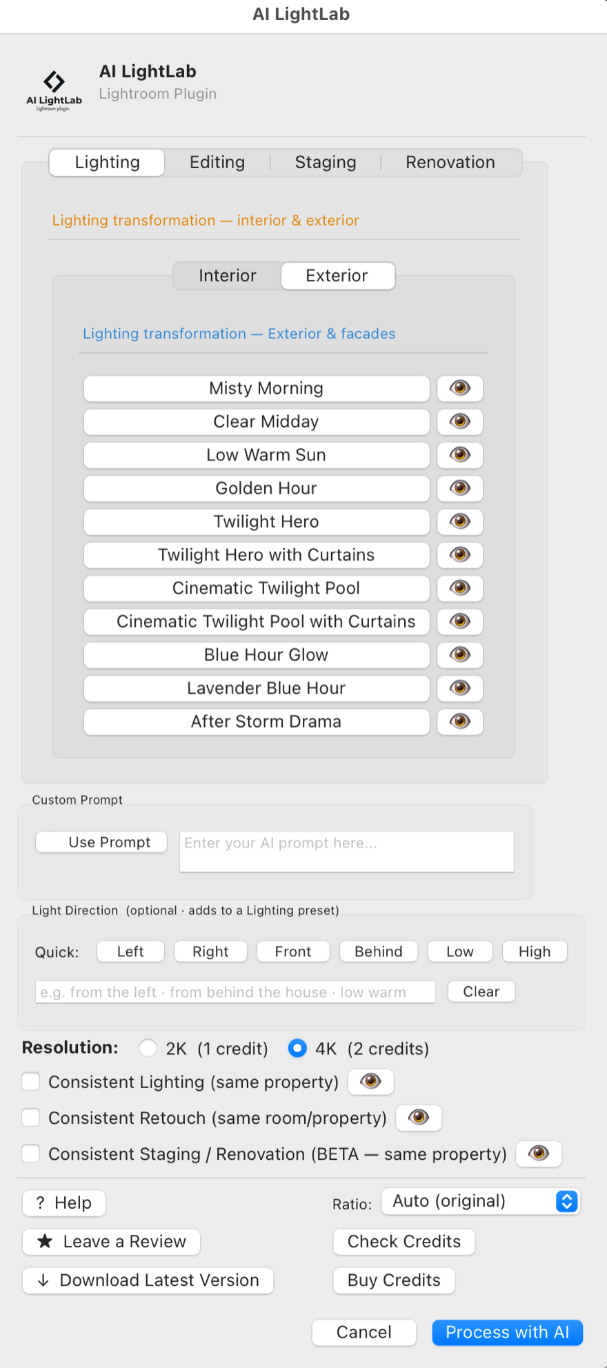 Lighting Exterior tab