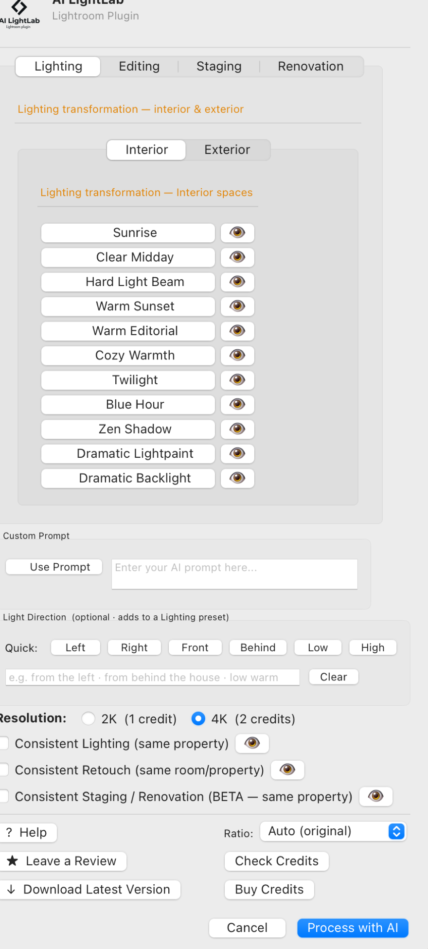 Lighting Interior tab
